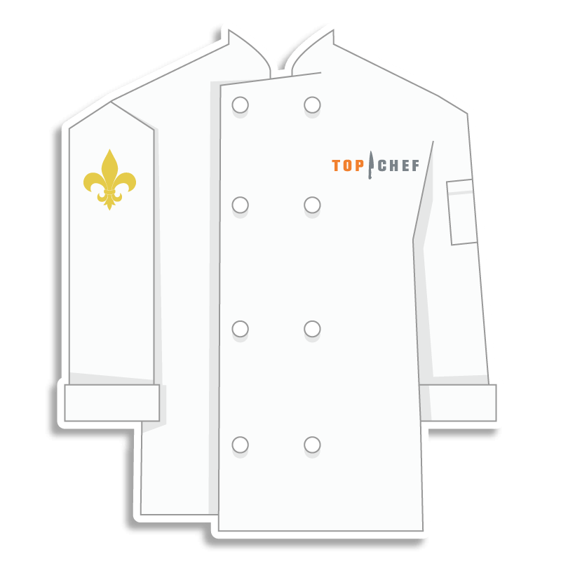 white Top Chef chef coat with fleur de lis on the shoulder