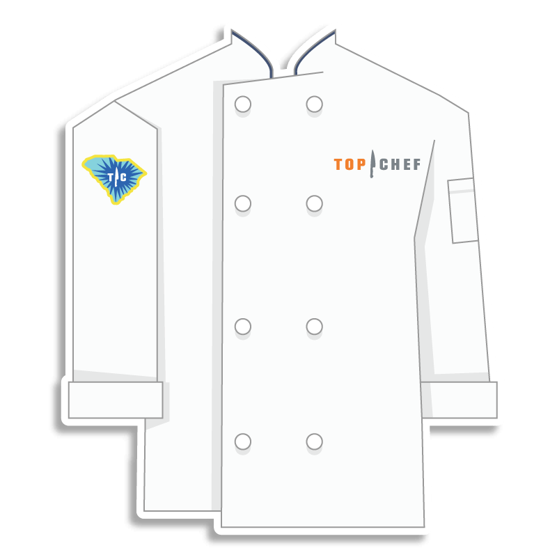 white Top Chef chef coat with S.C. on the shoulder