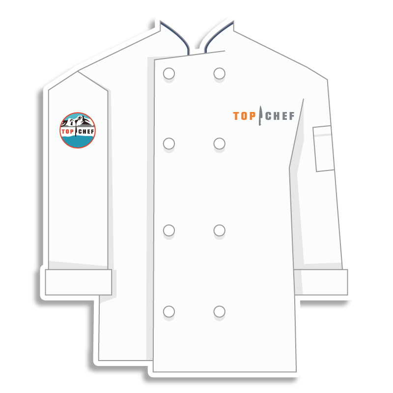 white Top Chef chef coat with mountains on the shoulder