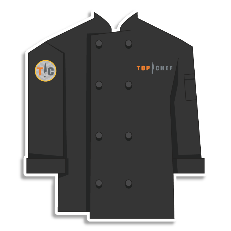 black Top Chef chef coat with knife emblem on the shoulder