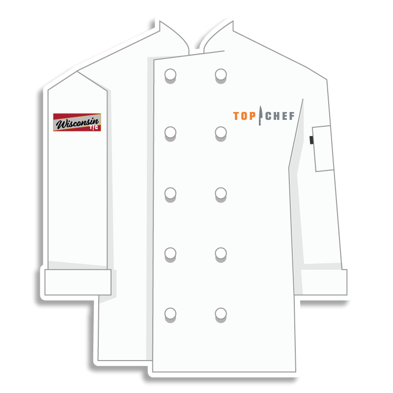 white Top Chef coat with Wisconsin written in script on the shoulder