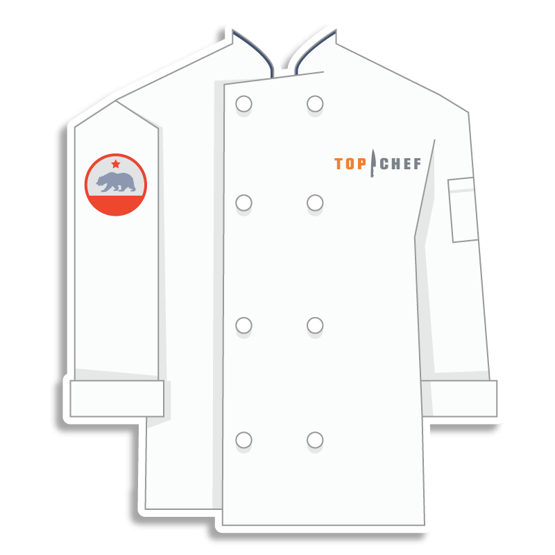 white Top Chef chef coat with a bear on the shoulder
