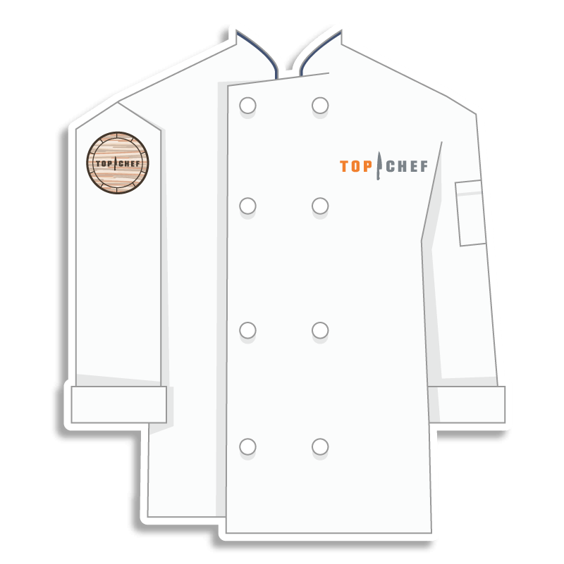 white Top Chef chef coat with whiskey barrel on the shoulder