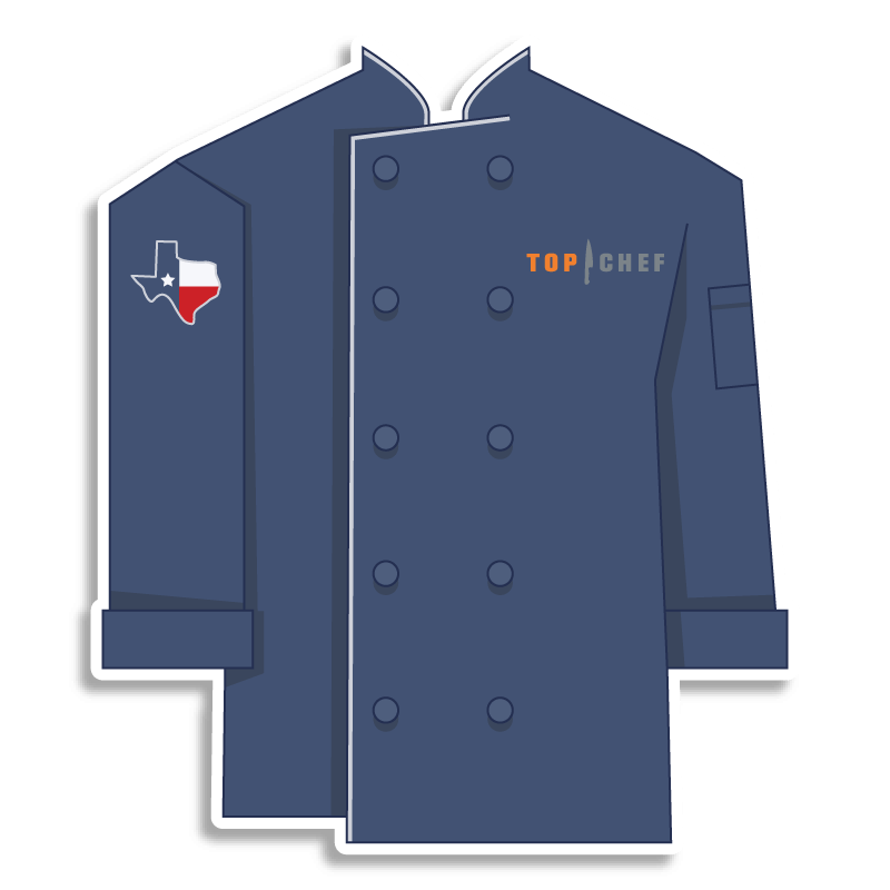blue Top Chef chef coat with texas on the shoulder
