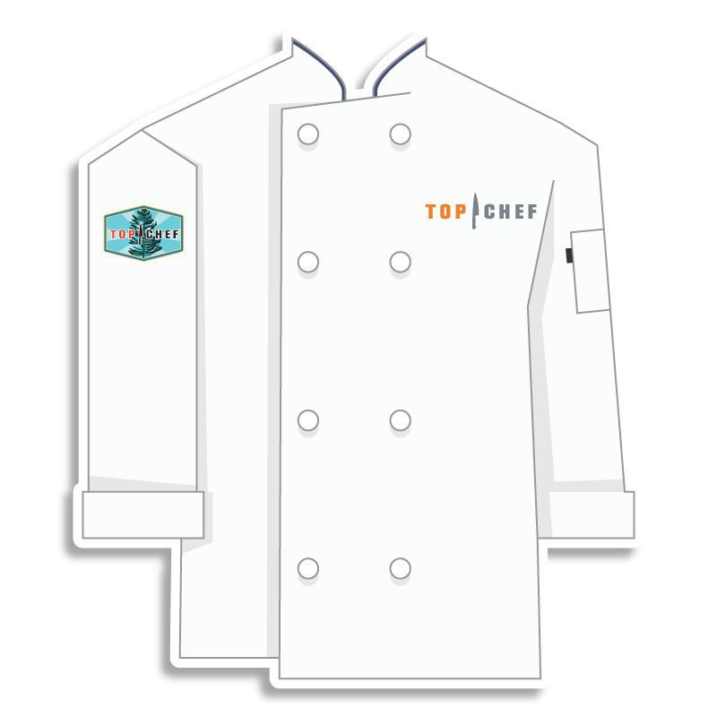 white Top Chef chef coat with pine tree emblem on the shoulder