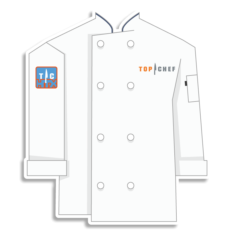 white Top Chef chef coat with HTX emblem on the shoulder